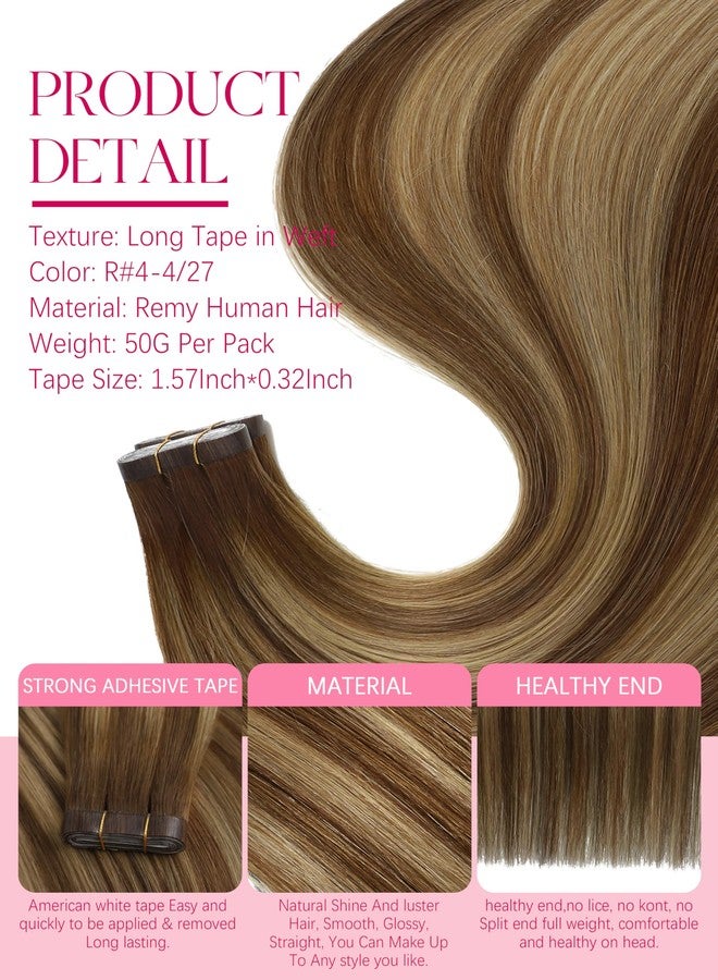 Lacer One Piece Tape in Weft Human Hair Tape ins Extensions 16 Inch Long Tape in Weft Hair Extensions Human Hair Chocolate Brown to Caramel Blonde with Brown Roots 50 Grams for Women 31.5" (80cm) - Image 2